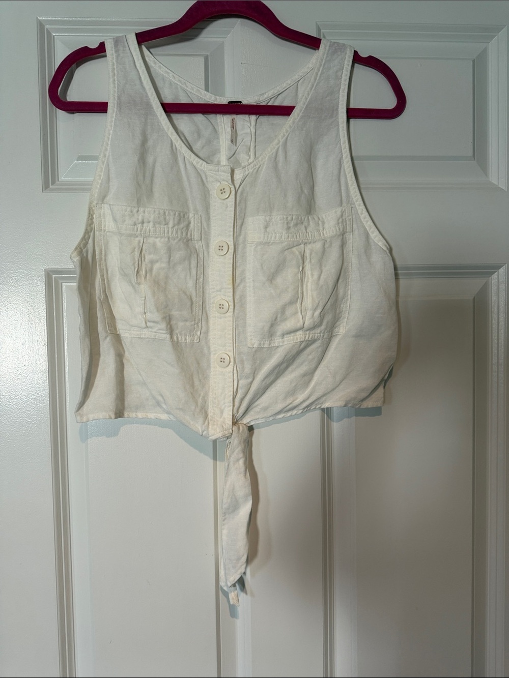 Free People Cream Button-Front Tie Hem Tank